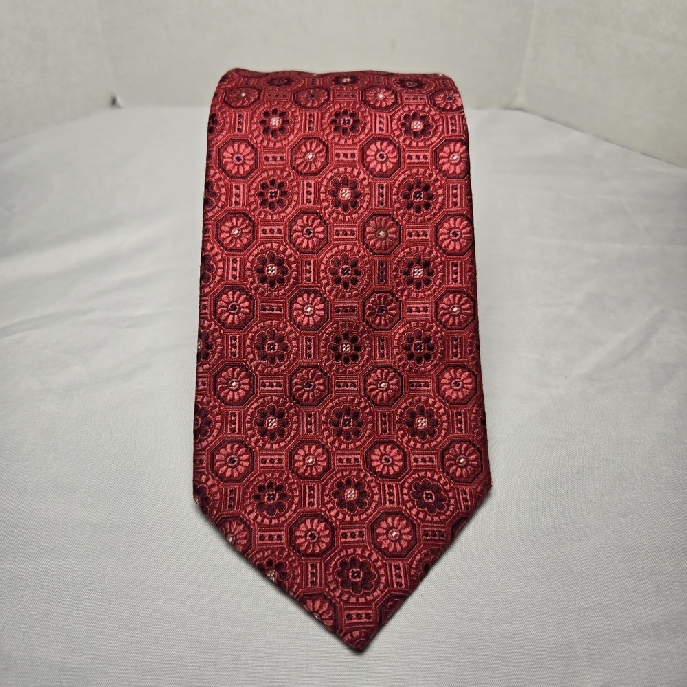 Genesis Handmade USA Silk Neck Tie Geometric Red Retro Jacquard Dress Office